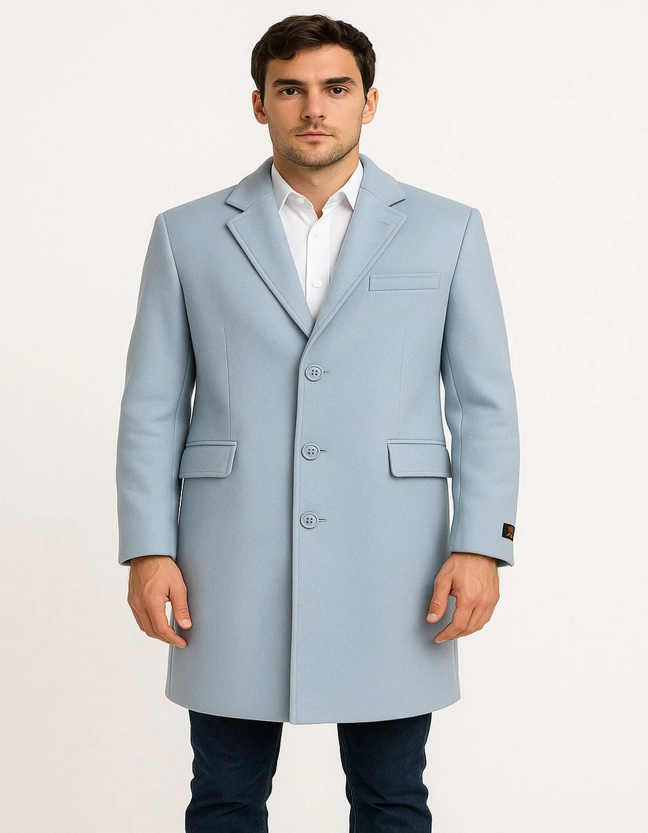 Men’s Light Blue Wool Overcoat – Classic Single-Breasted Long Coat - Sky Blue Carcoat Wool Fabric - Image 3