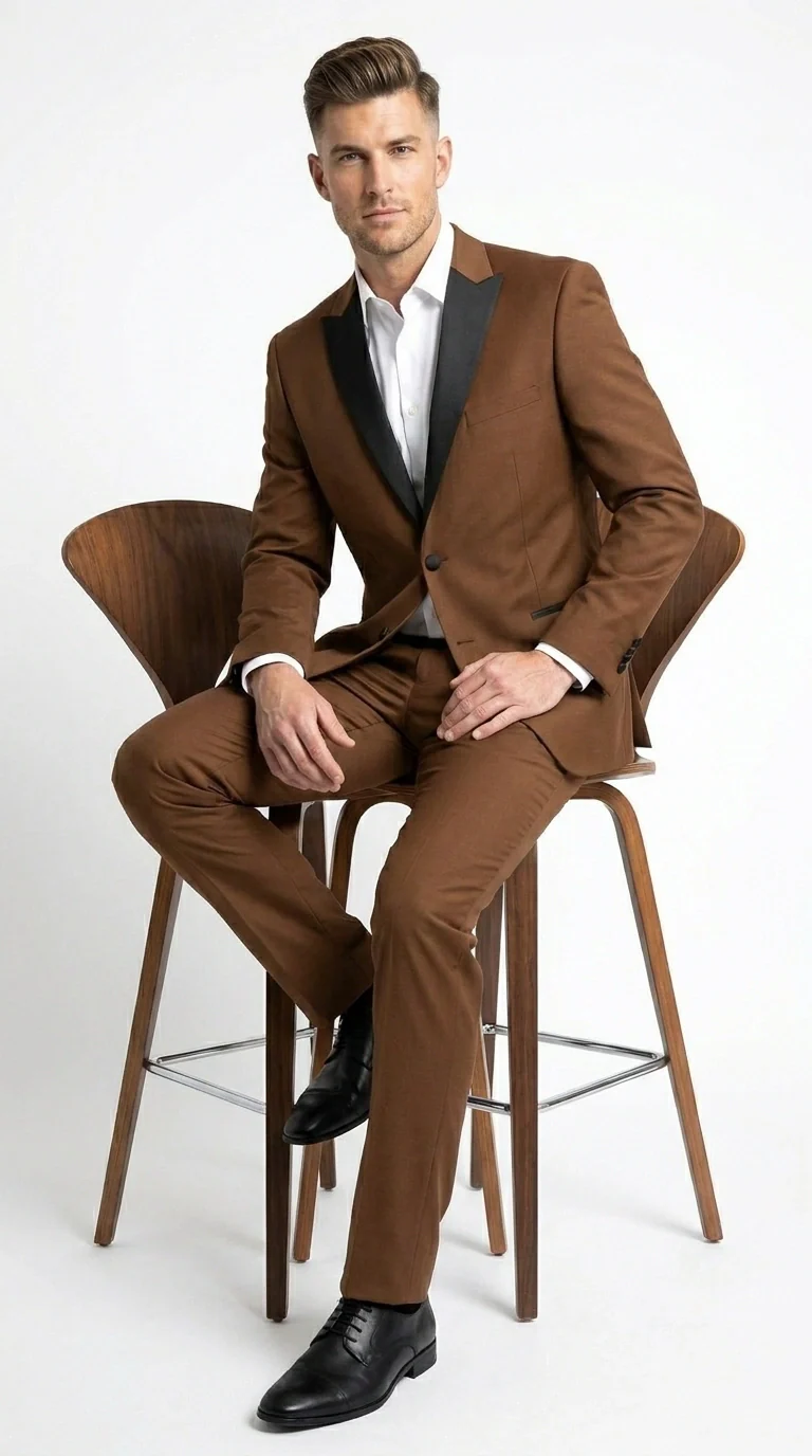 Men’s Light Brown Vested Piece Suit – Elegant Formal Suit with Contrast Lapel for Wedding, Party - Image 3