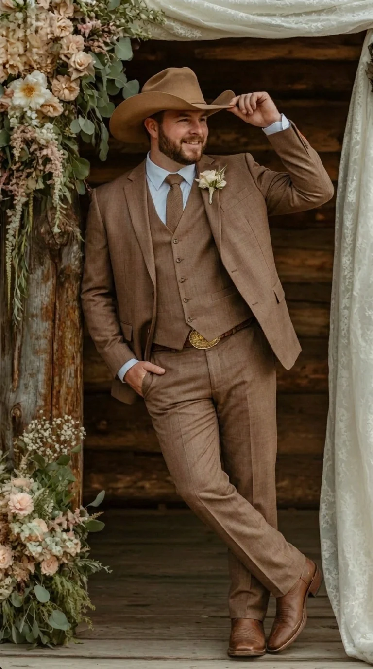 Men’s Light Brown Western 3 Piece Suit – Classic Country Style Blazer Vest Pants Set, Formal Cowboy Suit Toast - Image 8