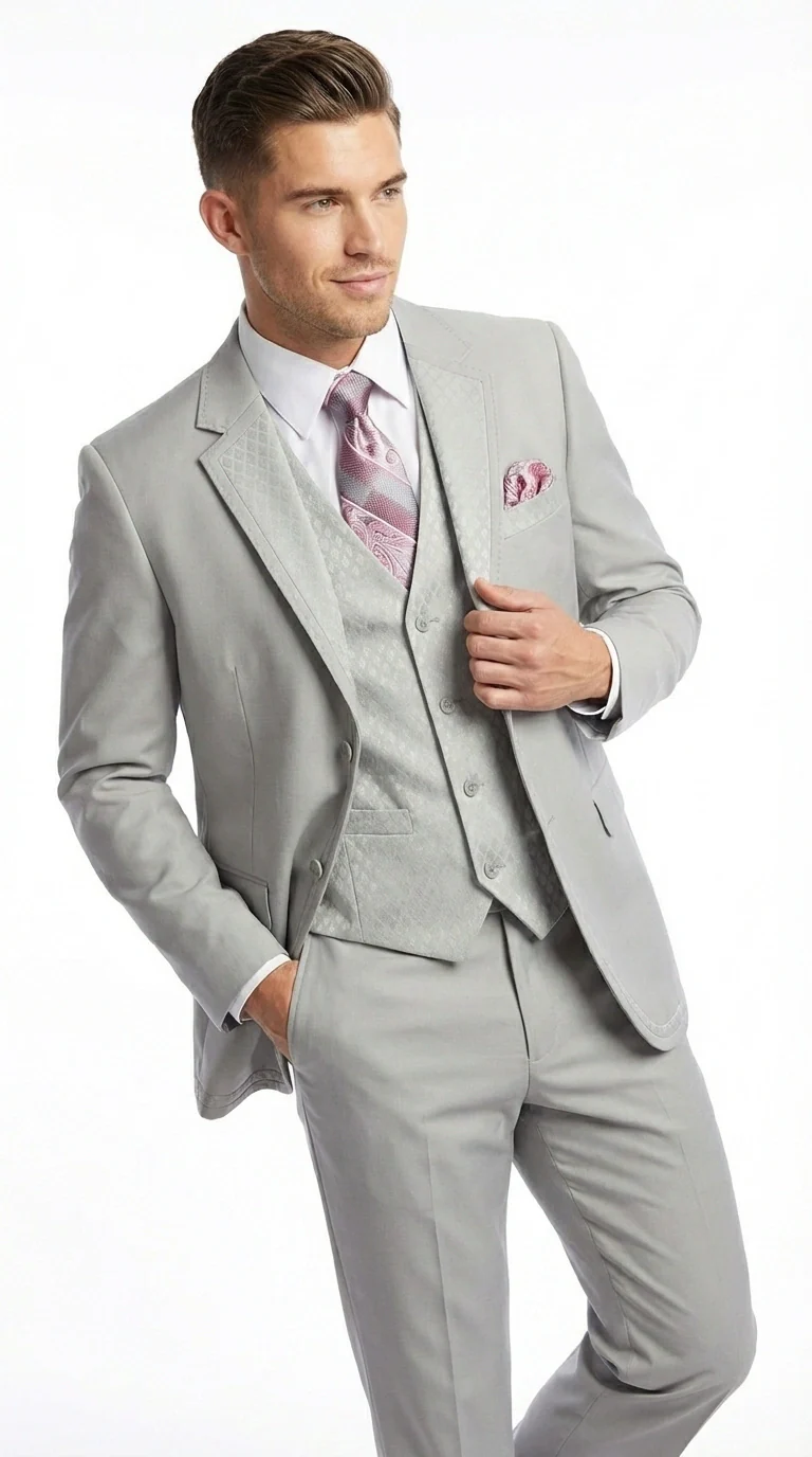 Men’s Light Gray 3 Piece Suit – Ice Silver Gray Formal Suit Set with Vest, Patterned Lapel and Tie for Wedding, Prom and Business Events - Image 11