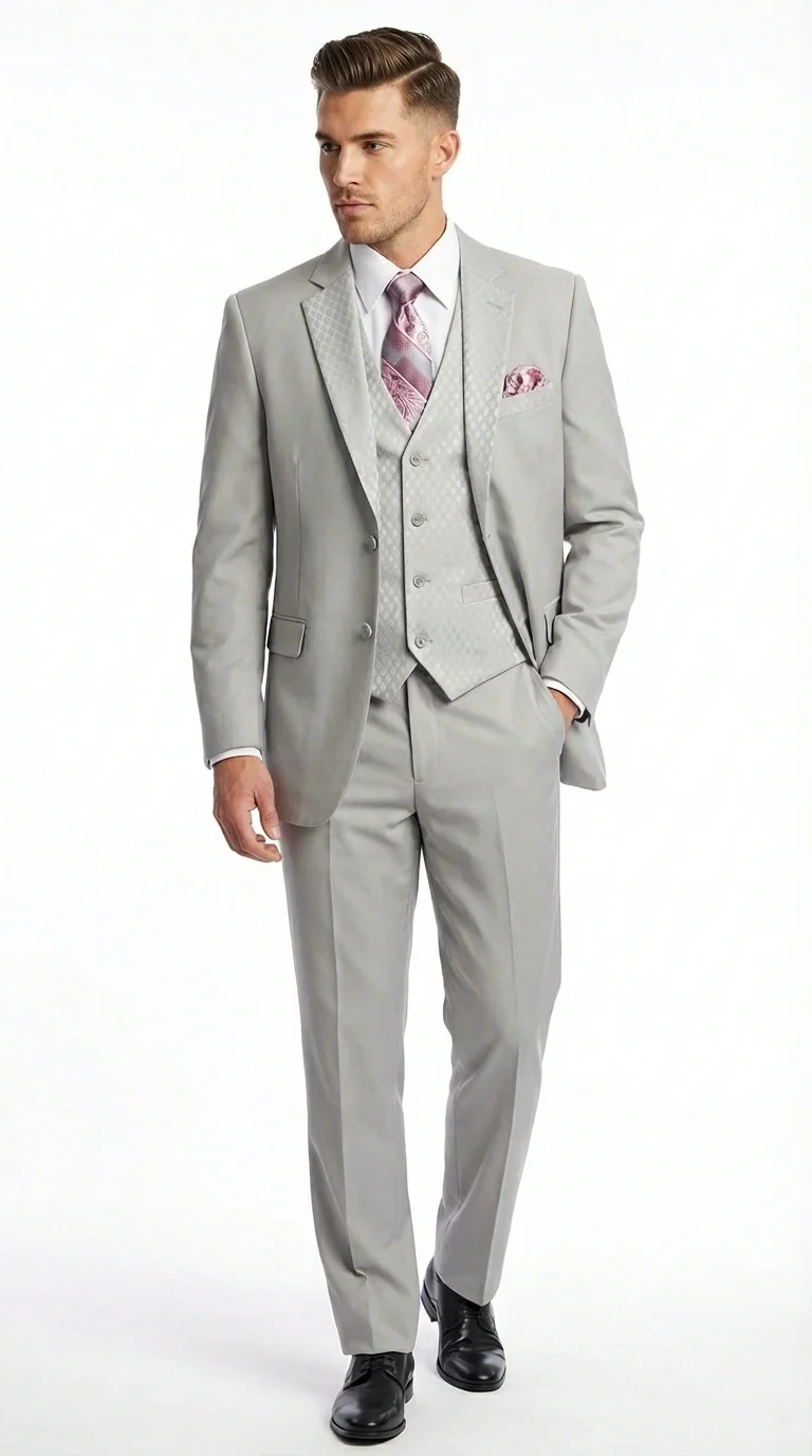 Men’s Light Gray 3 Piece Suit – Ice Silver Gray Formal Suit Set with Vest, Patterned Lapel and Tie for Wedding, Prom and Business Events - Image 12