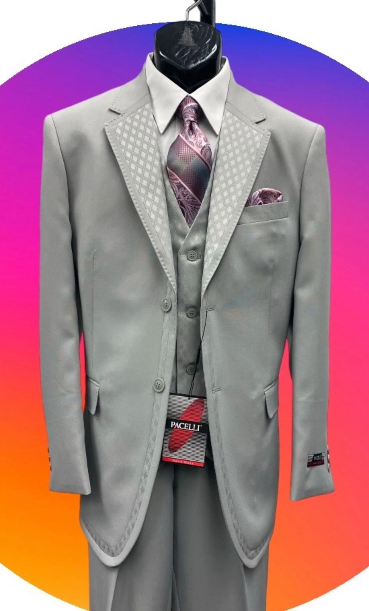 Men’s Light Gray 3 Piece Suit – Ice Silver Gray Formal Suit Set with Vest, Patterned Lapel and Tie for Wedding, Prom and Business Events - Image 15