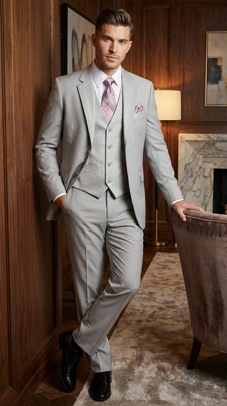 Men’s Light Gray 3 Piece Suit – Ice Silver Gray Formal Suit Set with Vest, Patterned Lapel and Tie for Wedding, Prom and Business Events - Image 5