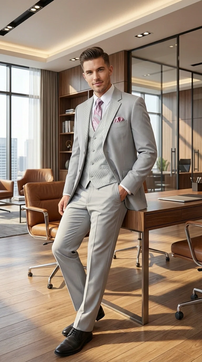 Men’s Light Gray 3 Piece Suit – Ice Silver Gray Formal Suit Set with Vest, Patterned Lapel and Tie for Wedding, Prom and Business Events - Image 6