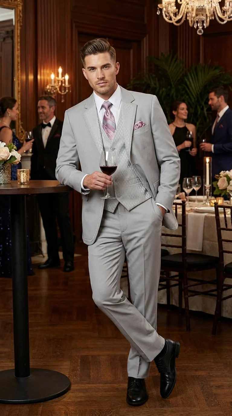 Men’s Light Gray 3 Piece Suit – Ice Silver Gray Formal Suit Set with Vest, Patterned Lapel and Tie for Wedding, Prom and Business Events - Image 8