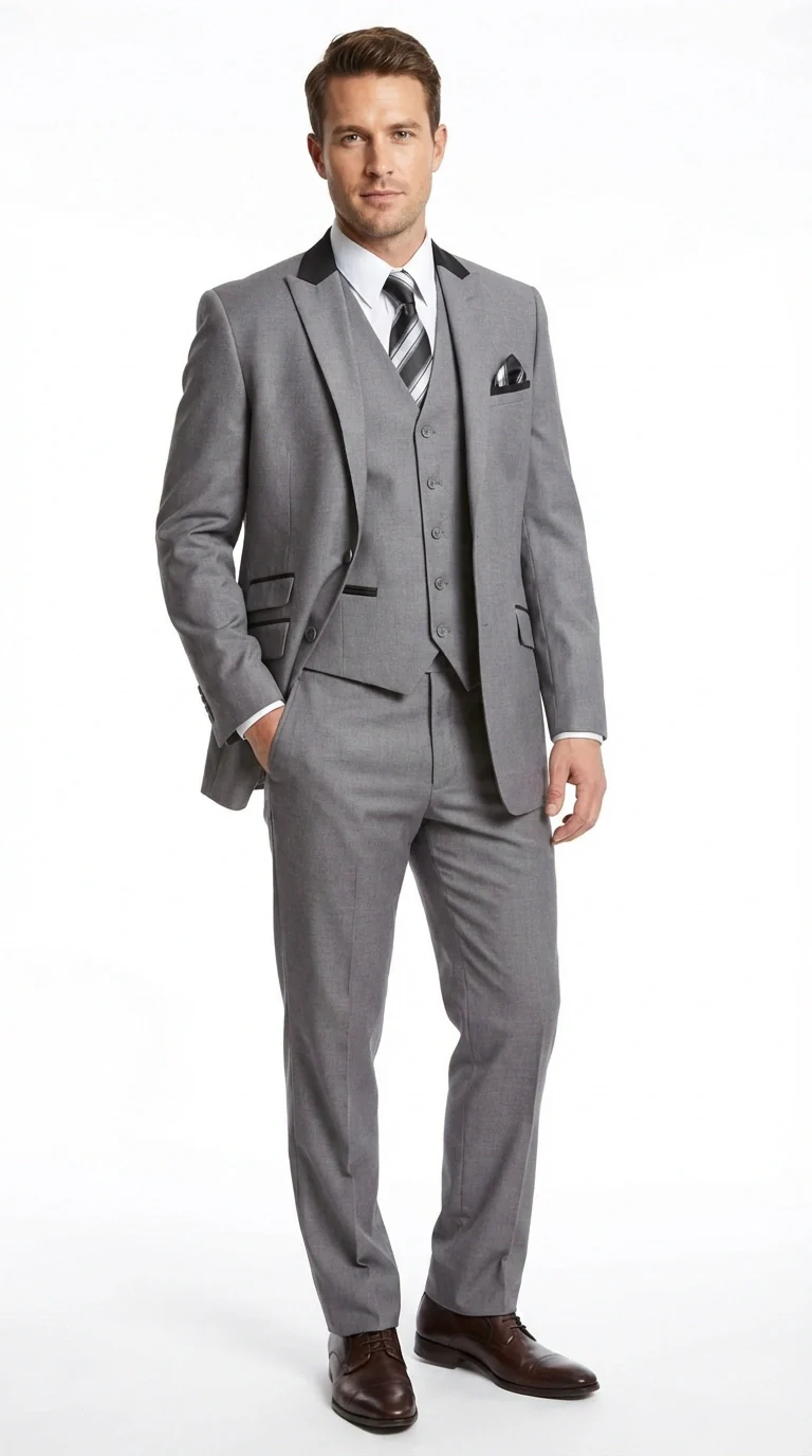 Men’s Light Gray Three Piece Suit with Black Chesterfield Collar – Classic Formal Wedding and Business Suit Set 1920s Vintage - Image 2