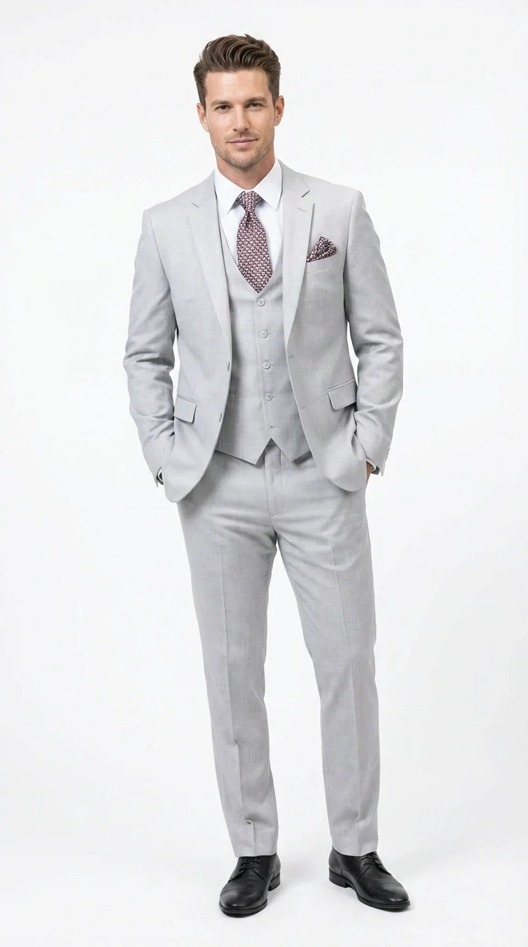 Men’s Light Grey Sharkskin 3 Piece Suit – Two Button Vested Modern Formal Business Suit for Wedding in silver Ice Gray - Image 2