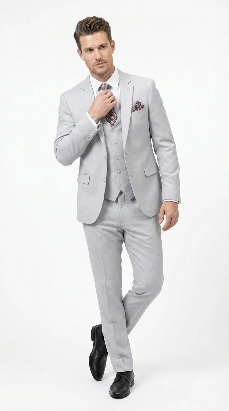 Men’s Light Grey Sharkskin 3 Piece Suit – Two Button Vested Modern Formal Business Suit for Wedding in silver Ice Gray - Image 3