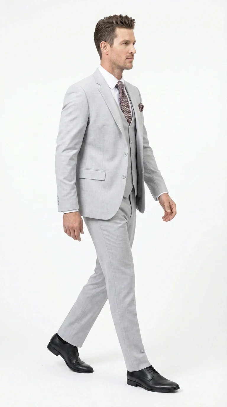 Men’s Light Grey Sharkskin 3 Piece Suit – Two Button Vested Modern Formal Business Suit for Wedding in silver Ice Gray - Image 5