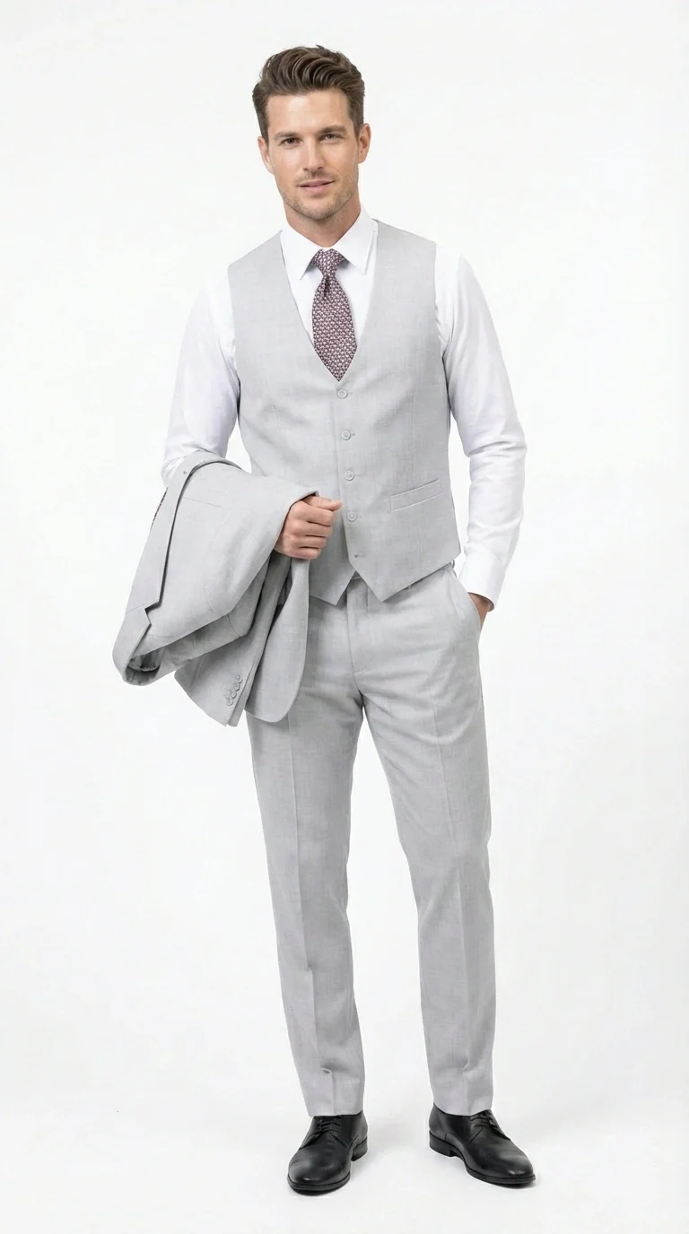 Men’s Light Grey Sharkskin 3 Piece Suit – Two Button Vested Modern Formal Business Suit for Wedding in silver Ice Gray - Image 7