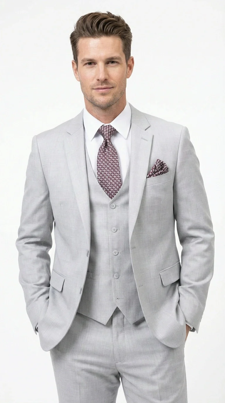 Men’s Light Grey Sharkskin 3 Piece Suit – Two Button Vested Modern Formal Business Suit for Wedding in silver Ice Gray - Image 8