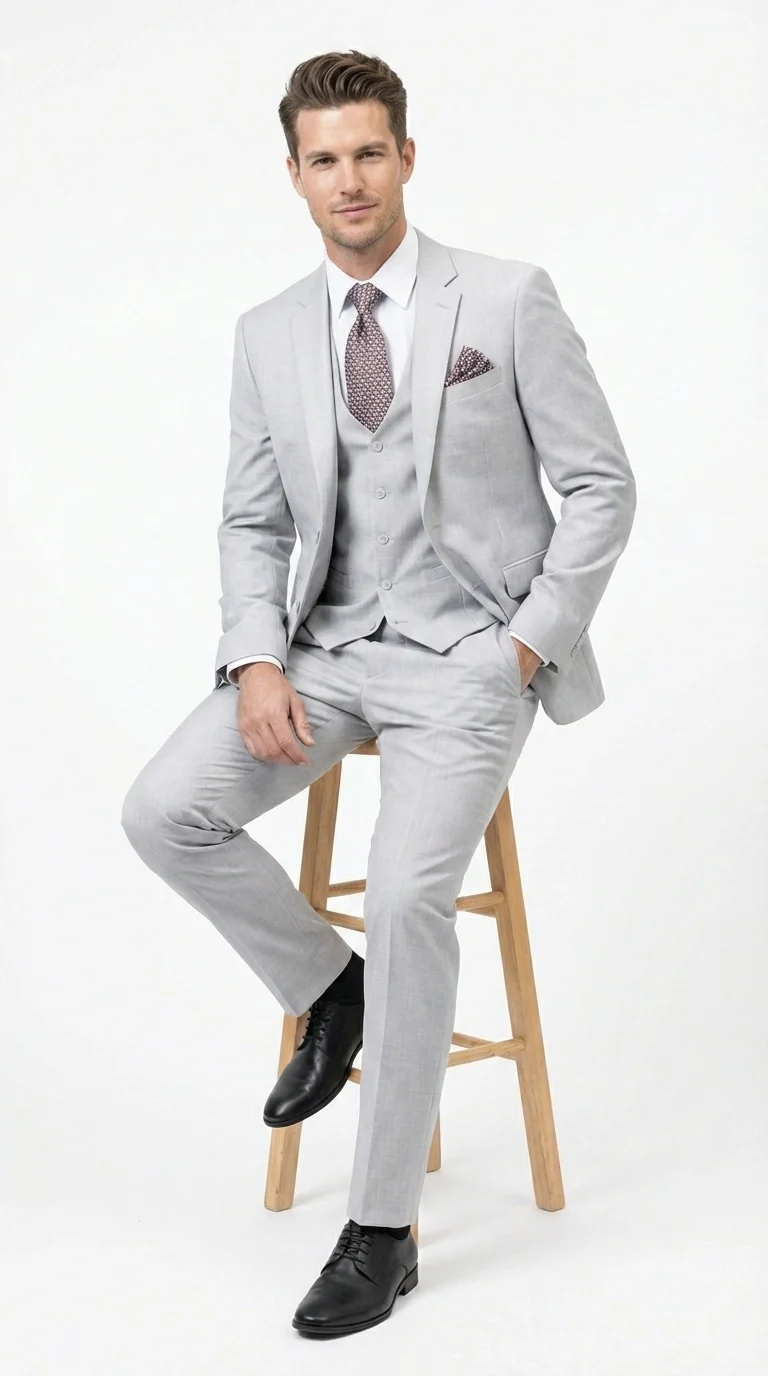 Men’s Light Grey Sharkskin 3 Piece Suit – Two Button Vested Modern Formal Business Suit for Wedding in silver Ice Gray - Image 9