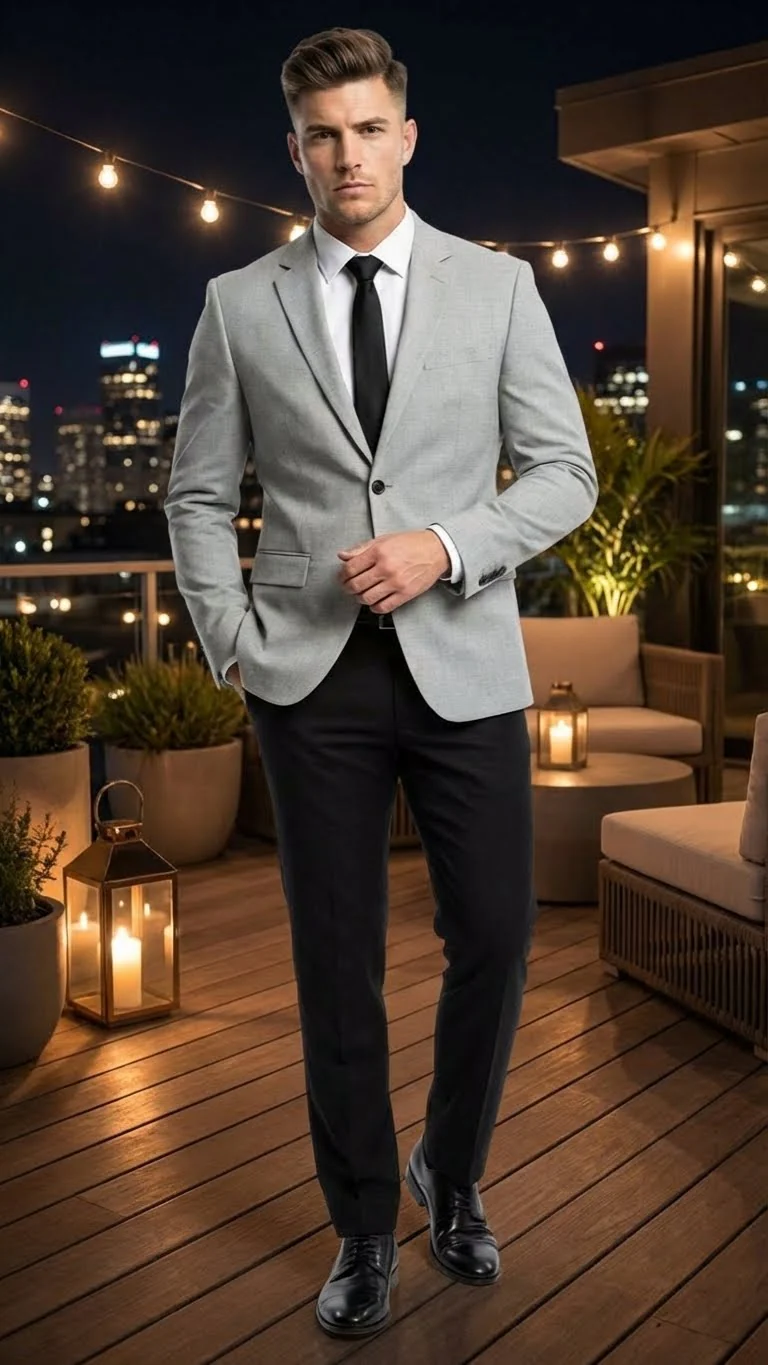 Men’s Light Grey Slim Fit Blazer Sport Coat with Black Pants | Premium Formal and Smart Casual Outfit - Image 3