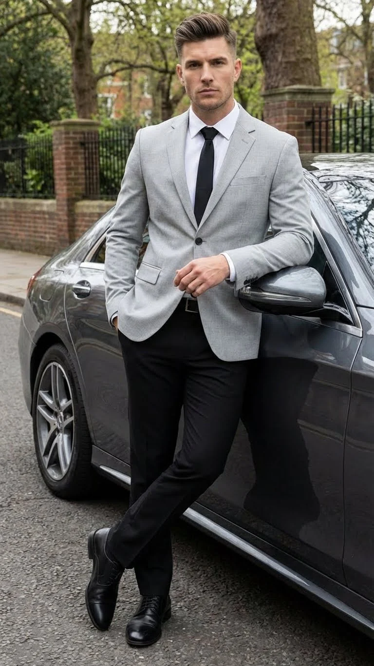 Men’s Light Grey Slim Fit Blazer Sport Coat with Black Pants | Premium Formal and Smart Casual Outfit - Image 4