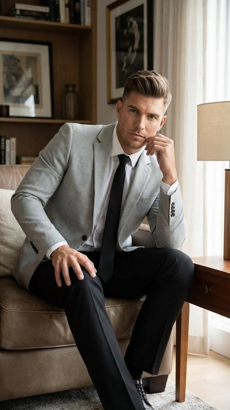 Men’s Light Grey Slim Fit Blazer Sport Coat with Black Pants | Premium Formal and Smart Casual Outfit - Image 7