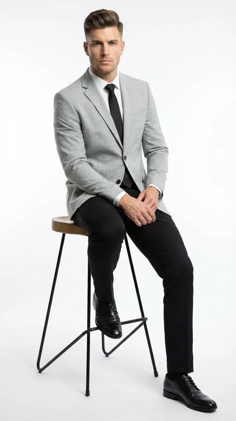 Men’s Light Grey Slim Fit Blazer Sport Coat with Black Pants | Premium Formal and Smart Casual Outfit - Image 9