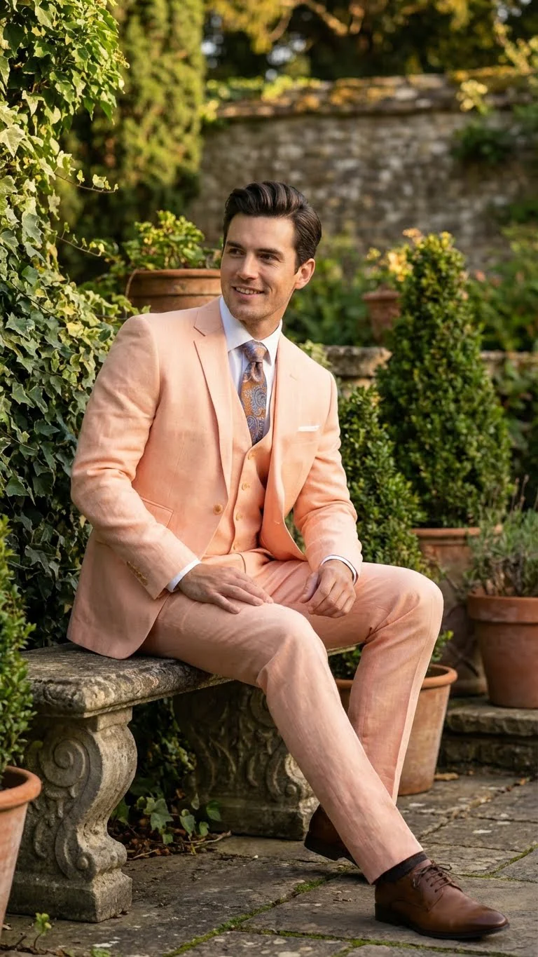 Men’s Light Peach 3 Piece Suit Set with Vest, Prom Wedding Dress Suit - Image 10
