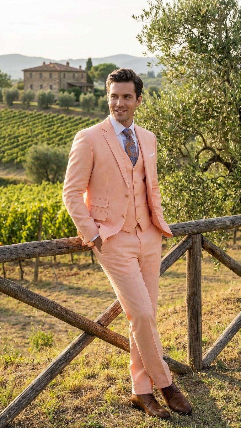 Men’s Light Peach 3 Piece Suit Set with Vest, Prom Wedding Dress Suit - Image 11