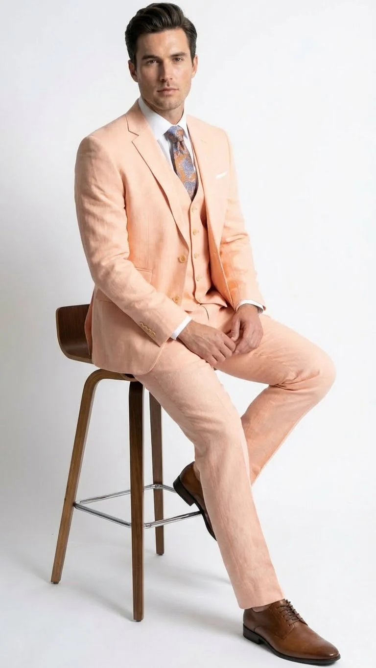 Men’s Light Peach 3 Piece Suit Set with Vest, Prom Wedding Dress Suit - Image 5