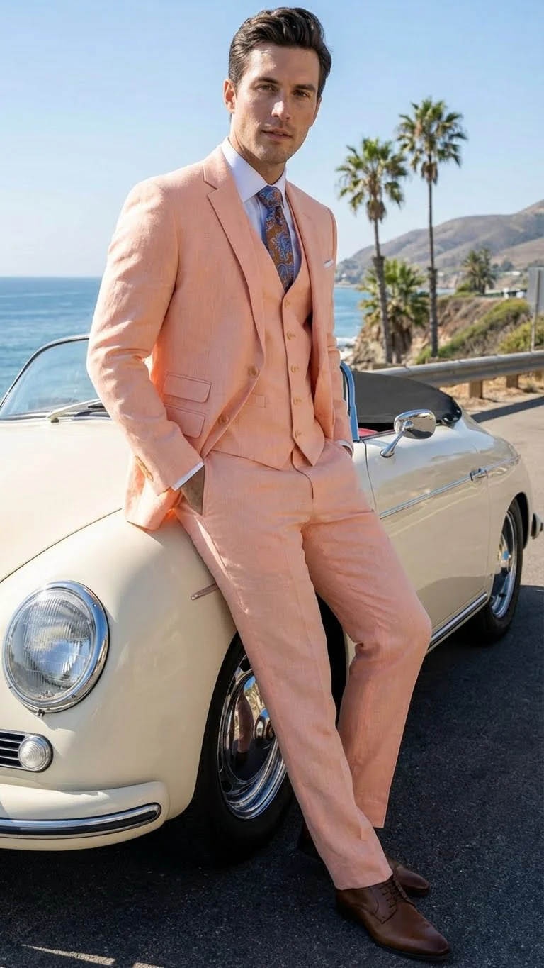 Men’s Light Peach 3 Piece Suit Set with Vest, Prom Wedding Dress Suit - Image 6