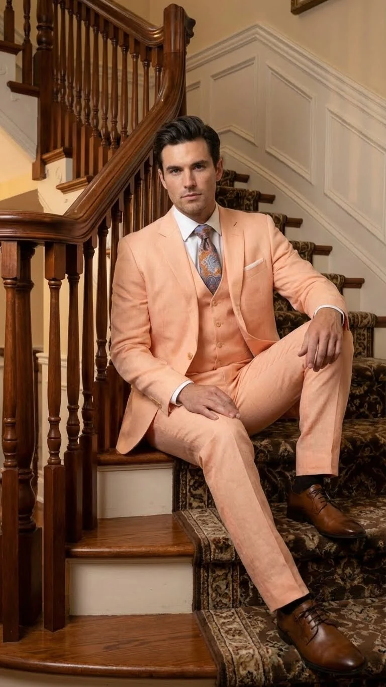 Men’s Light Peach 3 Piece Suit Set with Vest, Prom Wedding Dress Suit - Image 7