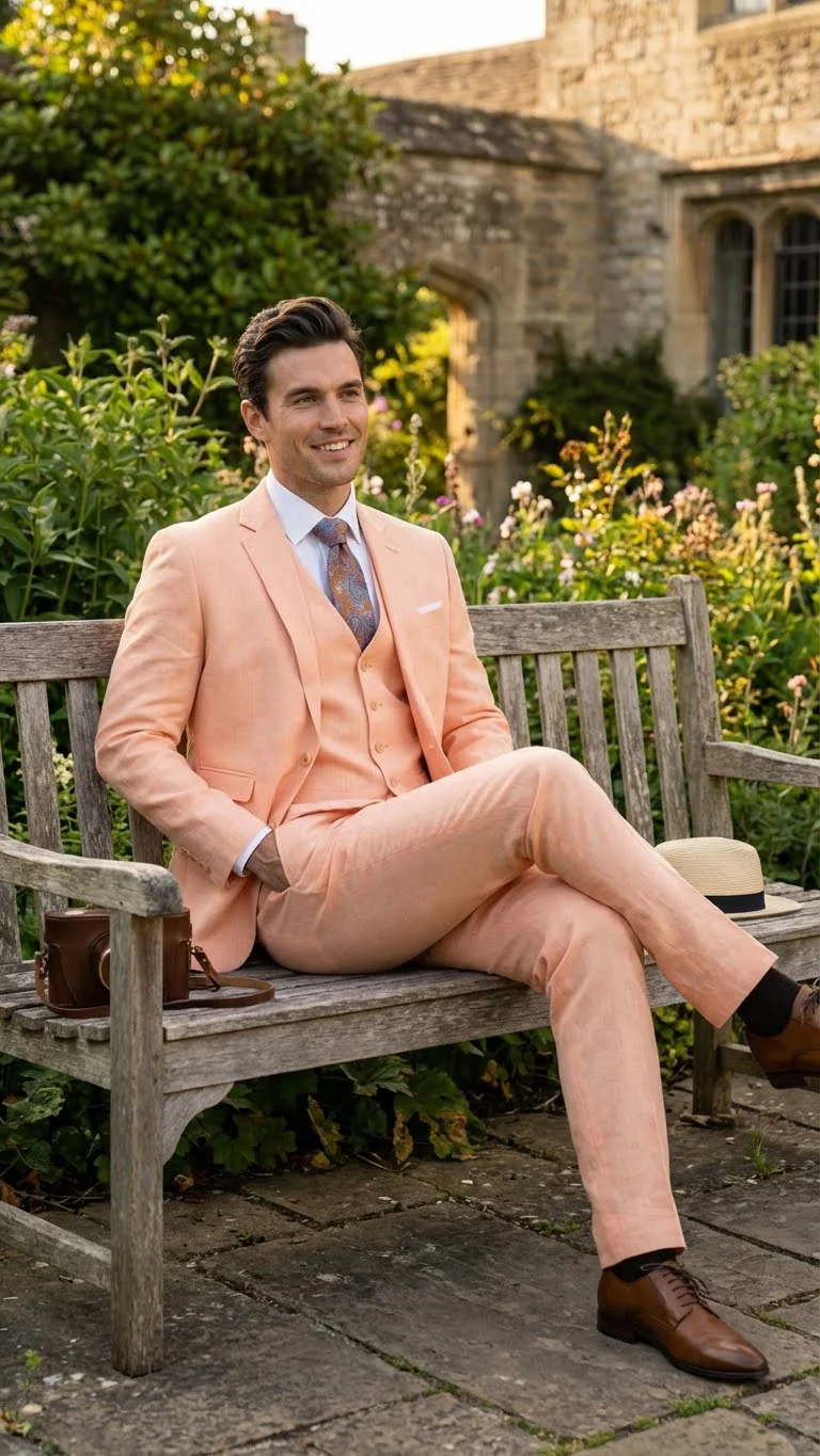 Men’s Light Peach 3 Piece Suit Set with Vest, Prom Wedding Dress Suit - Image 8