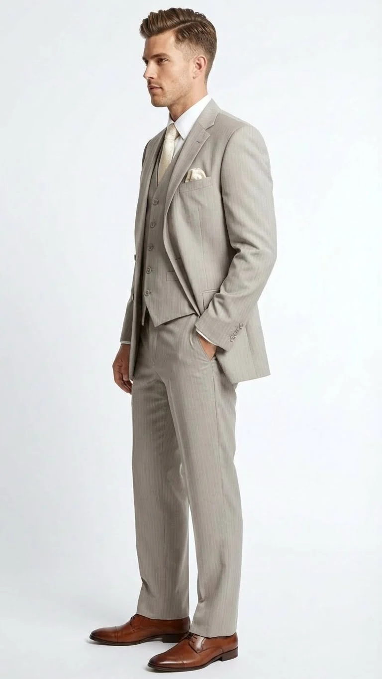 Men’s Light Tan Pinstripe 3 Piece Suit with Jacket, Vest, and Pants | Shadow Stripe Tone Tone Pleated Pants Classic - Image 3