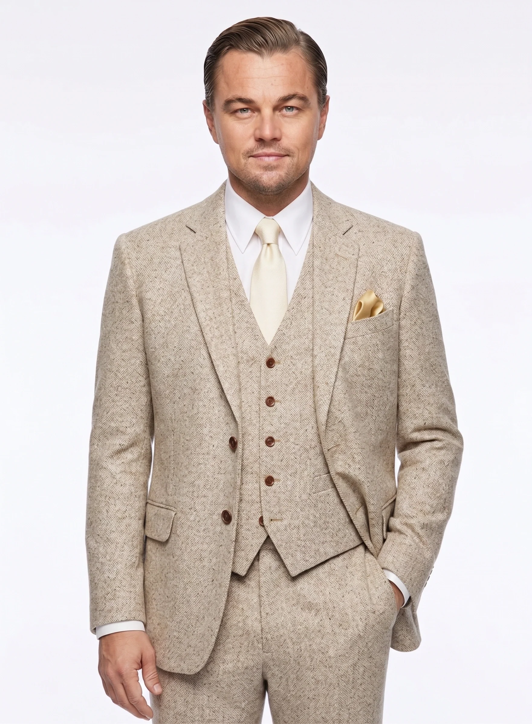 Men’s Light Tan Tweed Great Gatsby 3 Piece Suit – Vintage Vested Wedding Suit, 1920s Classic Formal Outfit Herringbone - Image 10