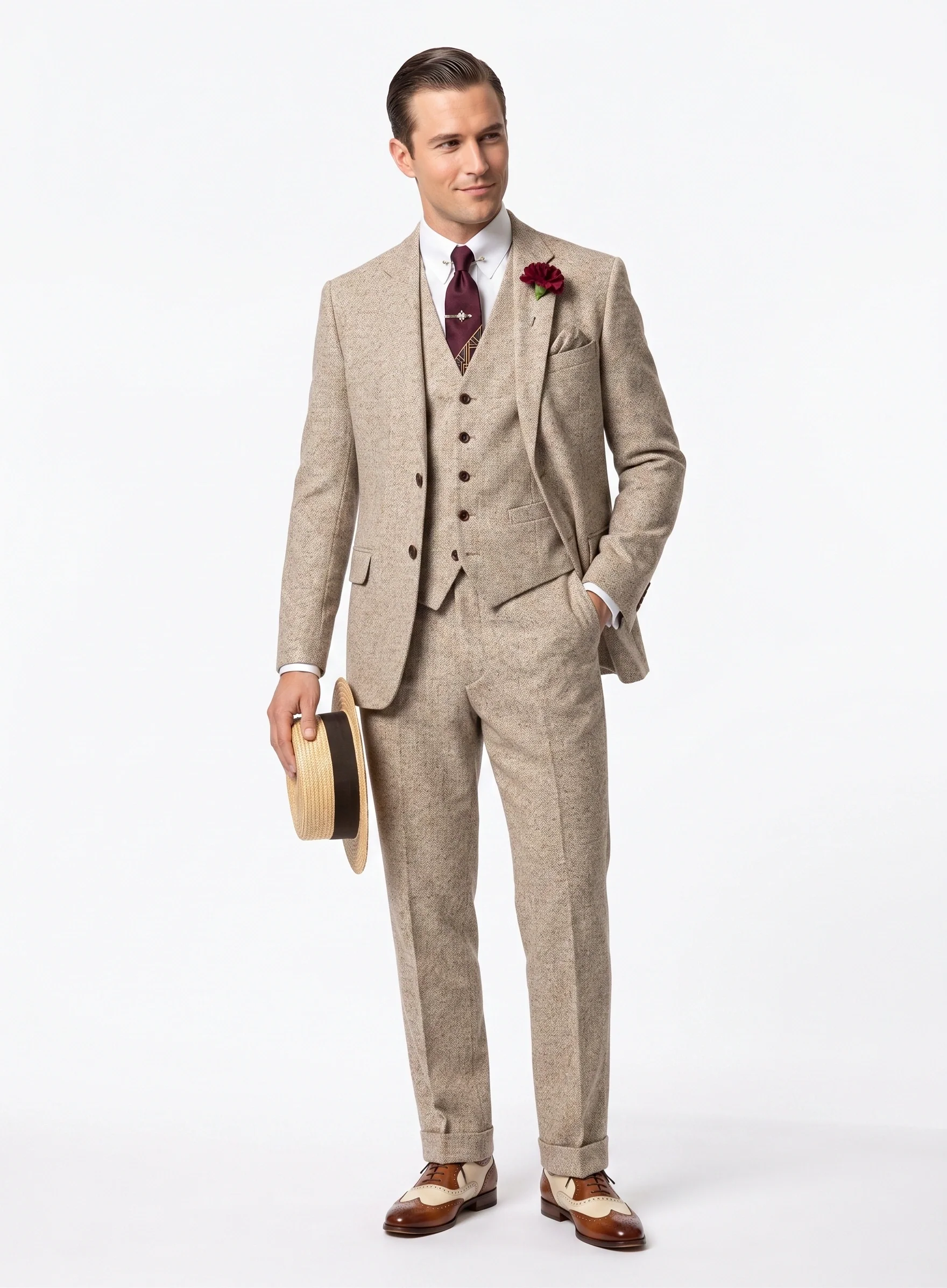Men’s Light Tan Tweed Great Gatsby 3 Piece Suit – Vintage Vested Wedding Suit, 1920s Classic Formal Outfit Herringbone - Image 2
