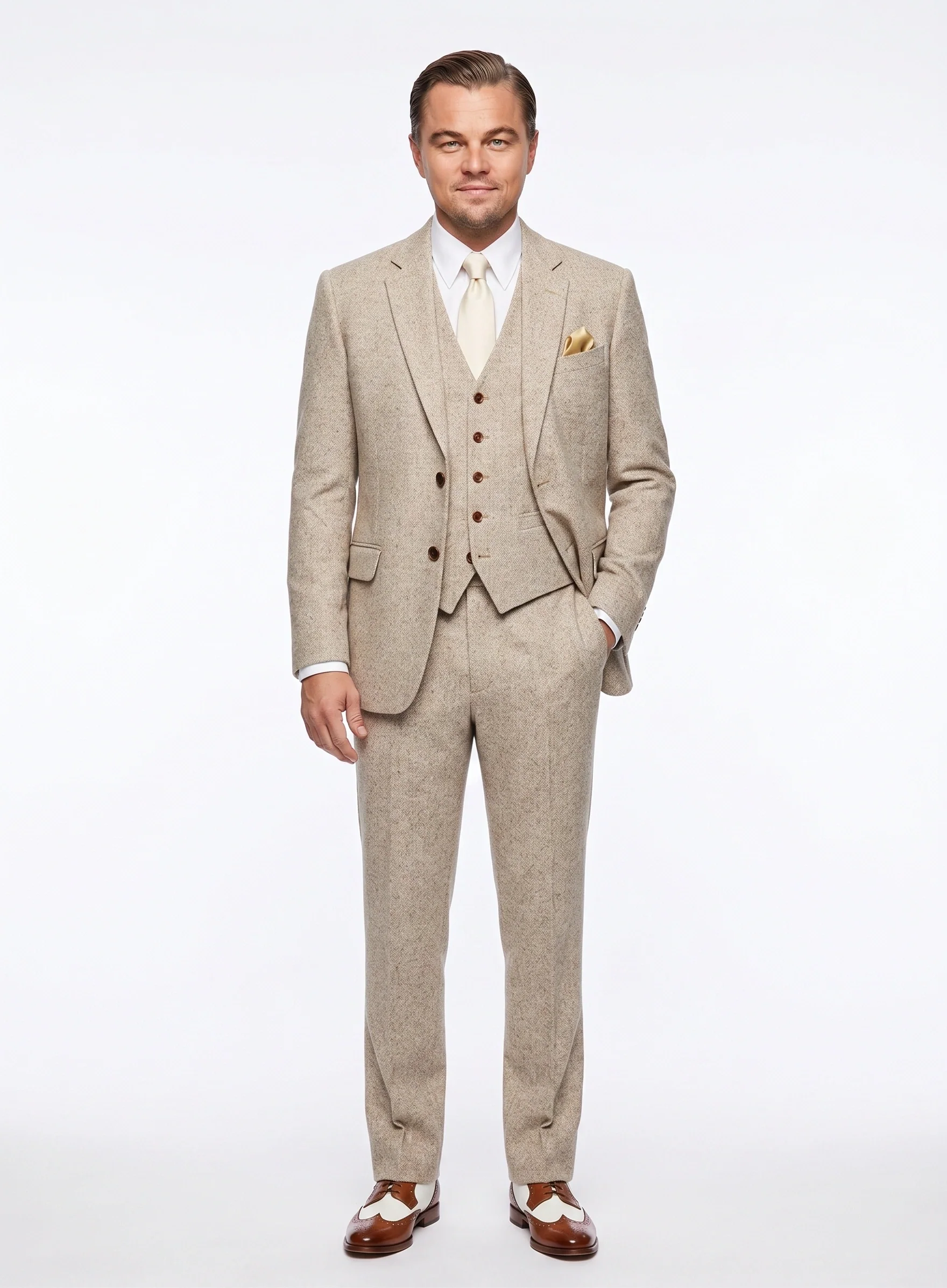 Men’s Light Tan Tweed Great Gatsby 3 Piece Suit – Vintage Vested Wedding Suit, 1920s Classic Formal Outfit Herringbone - Image 3