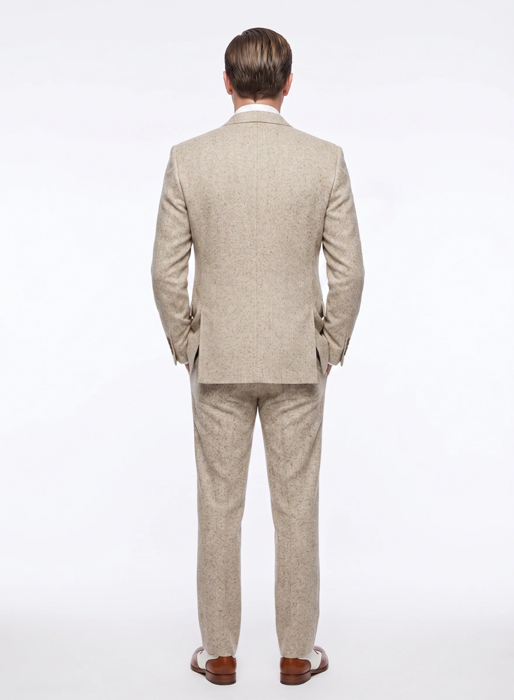 Men’s Light Tan Tweed Great Gatsby 3 Piece Suit – Vintage Vested Wedding Suit, 1920s Classic Formal Outfit Herringbone - Image 4