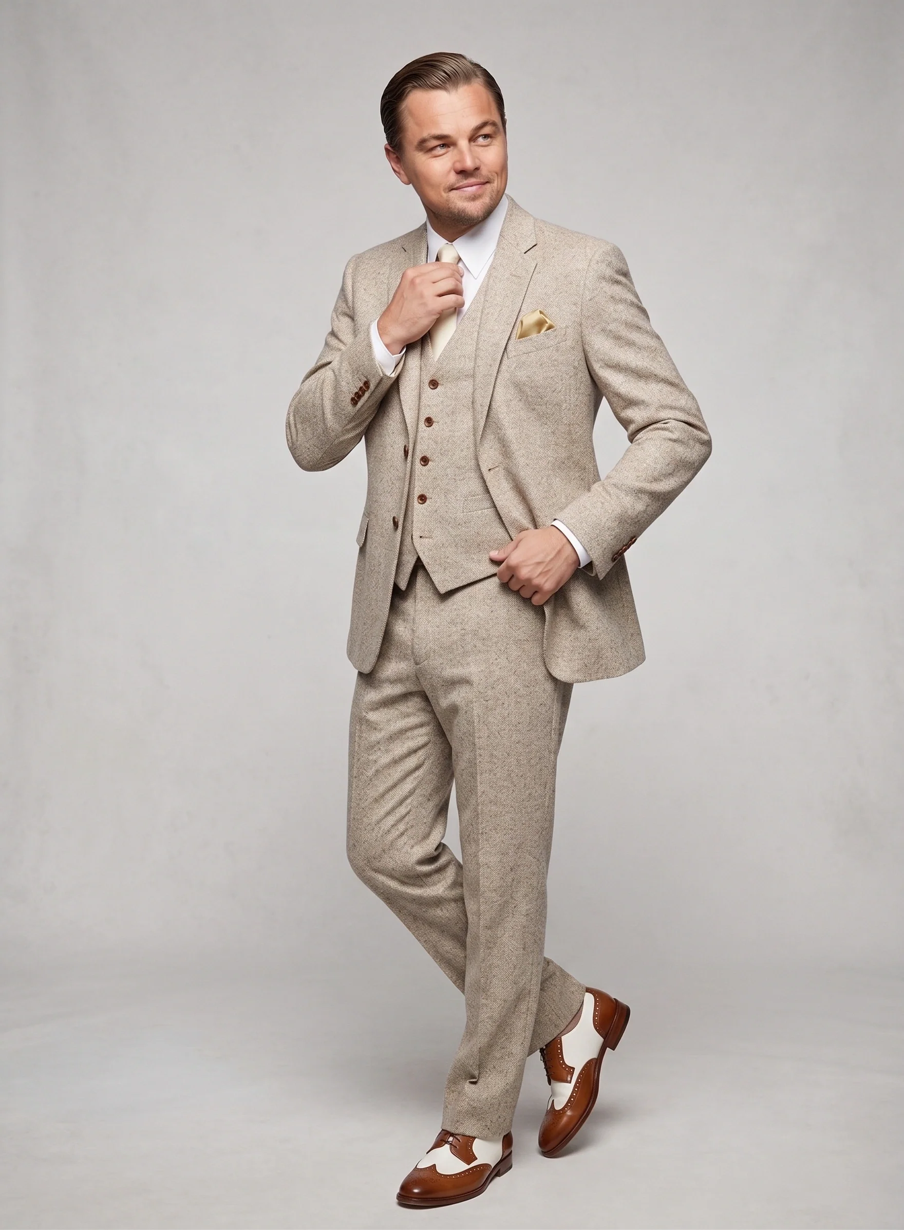 Men’s Light Tan Tweed Great Gatsby 3 Piece Suit – Vintage Vested Wedding Suit, 1920s Classic Formal Outfit Herringbone - Image 5