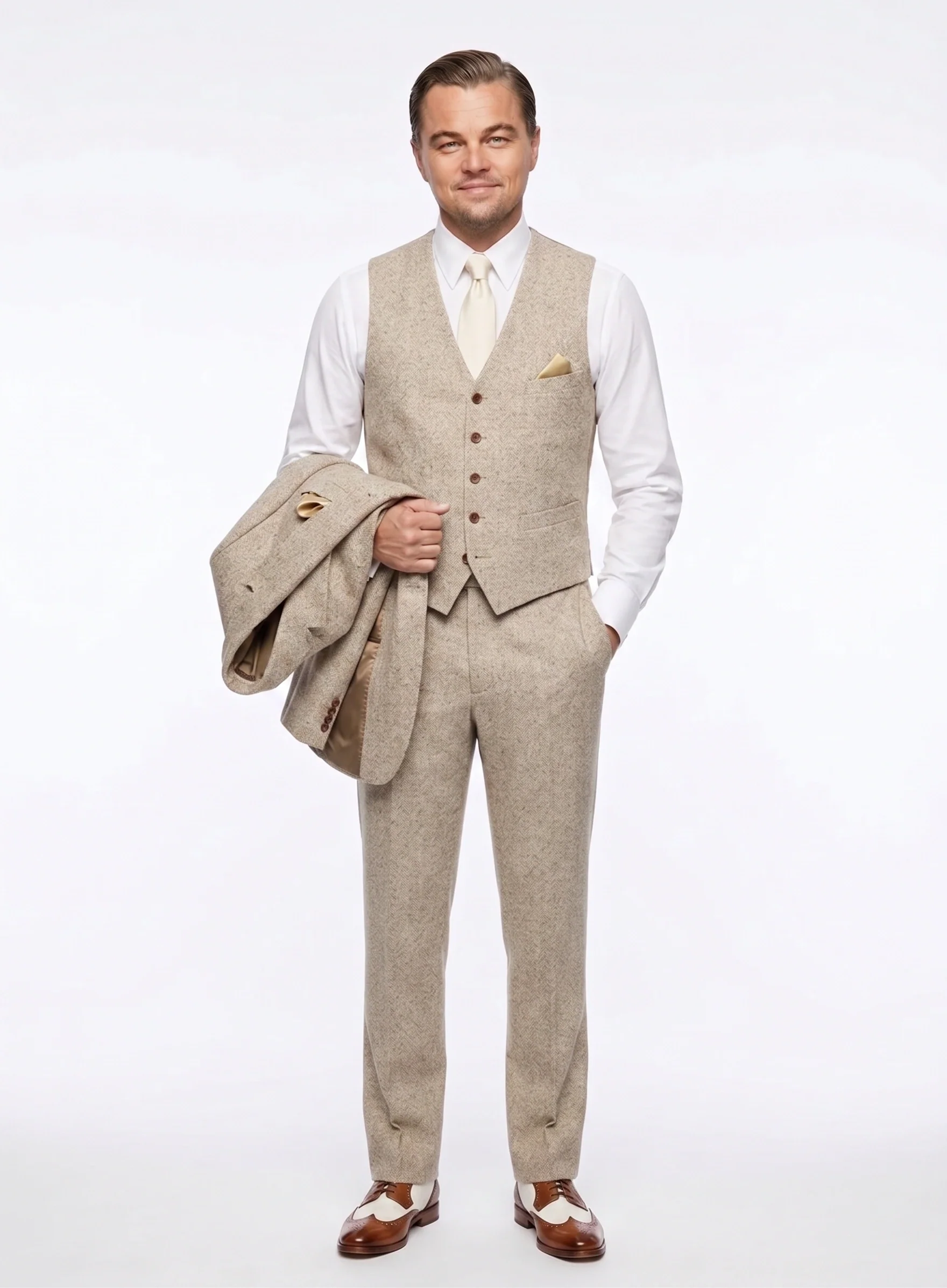 Men’s Light Tan Tweed Great Gatsby 3 Piece Suit – Vintage Vested Wedding Suit, 1920s Classic Formal Outfit Herringbone - Image 6