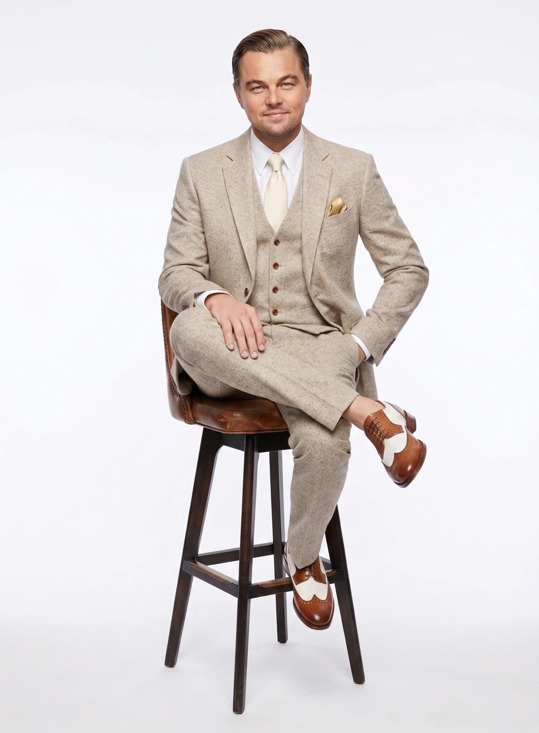 Men’s Light Tan Tweed Great Gatsby 3 Piece Suit – Vintage Vested Wedding Suit, 1920s Classic Formal Outfit Herringbone - Image 7
