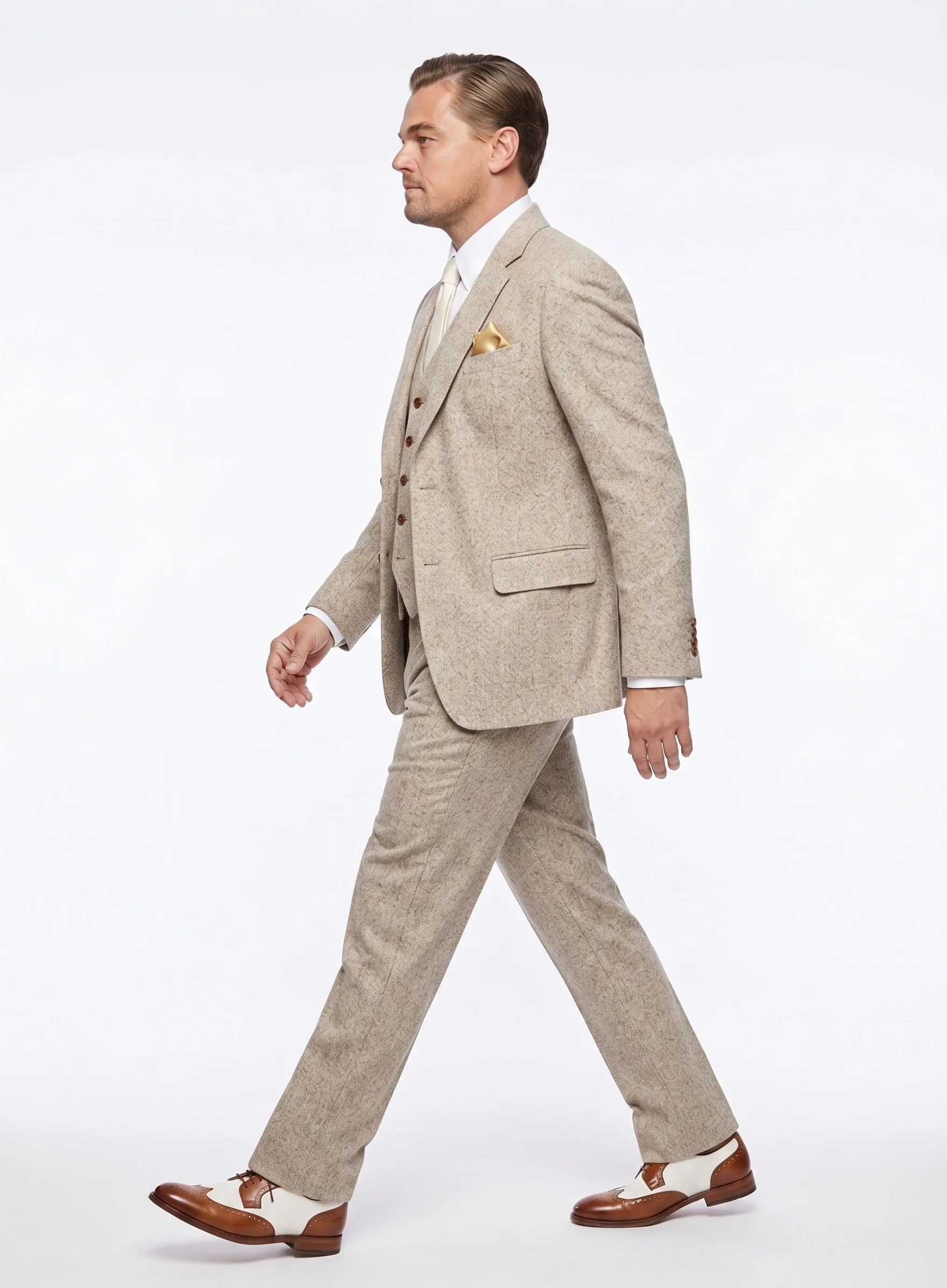 Men’s Light Tan Tweed Great Gatsby 3 Piece Suit – Vintage Vested Wedding Suit, 1920s Classic Formal Outfit Herringbone - Image 8