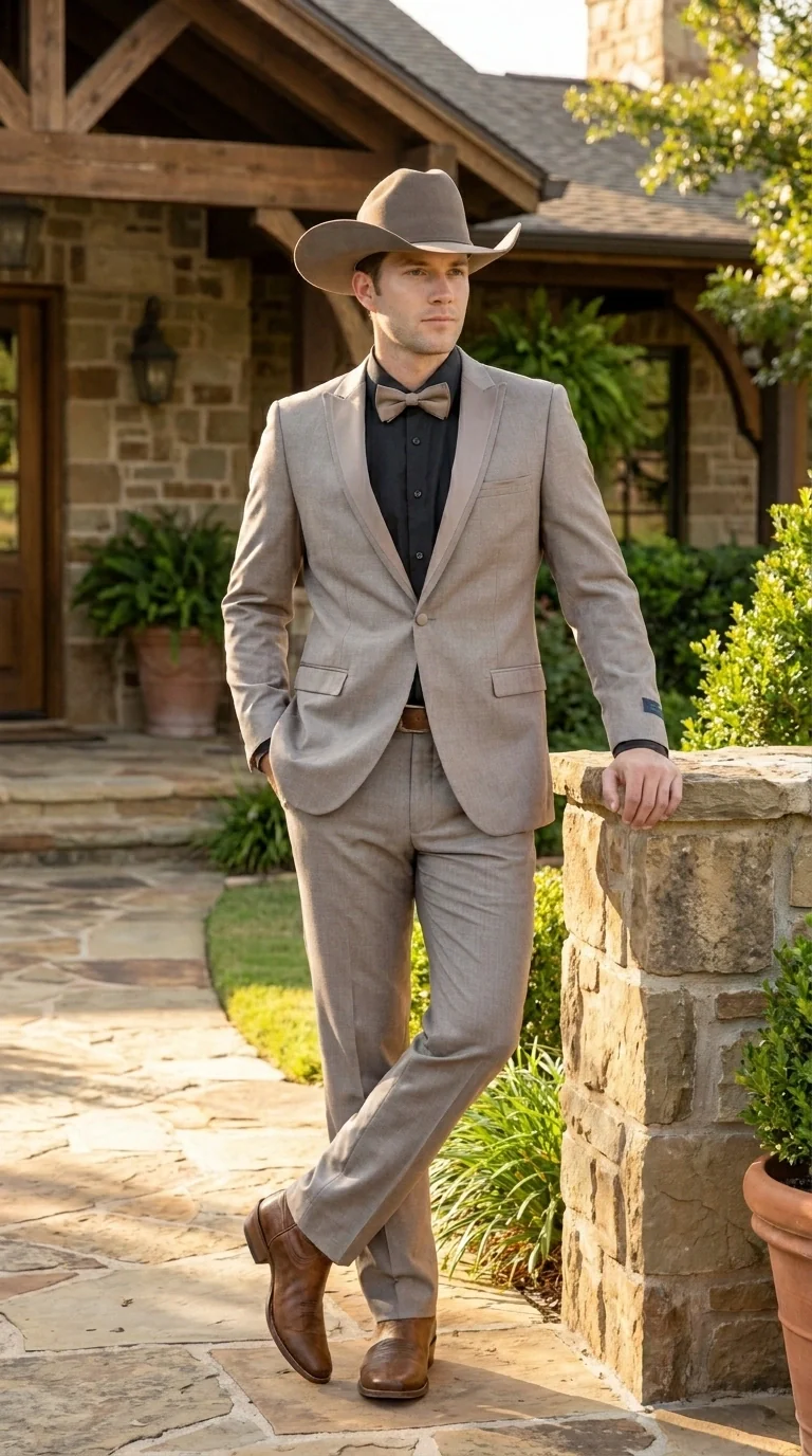 Men’s Light Taupe Western Tuxedo Suit – Cowboy Style Formal Blazer and Pants Outfit in Khaki Tan Light Brown Color - Image 12