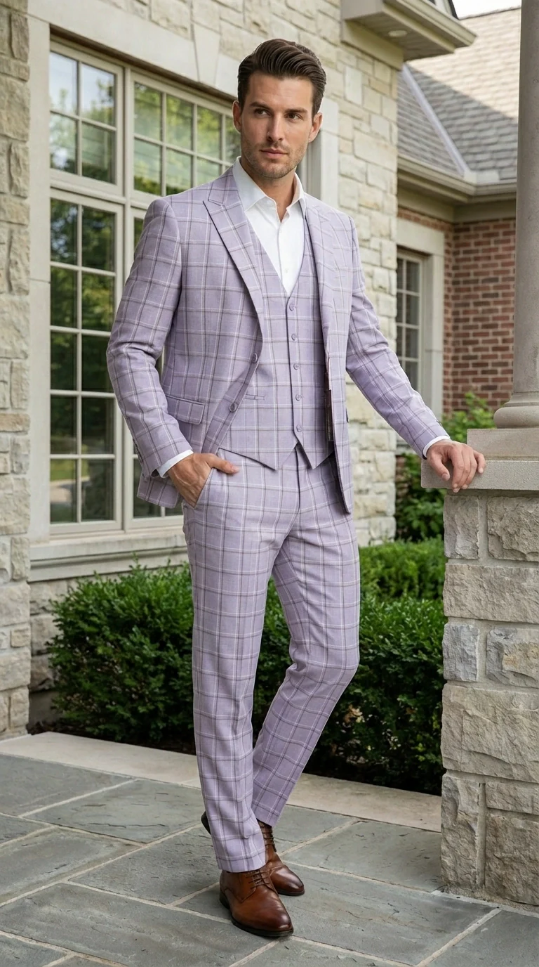 Men’s Lilac Lavender Windowpane Check 3 Piece Suit – Lilac Plaid Formal Suit with Vest for Wedding, Prom and Business Events - Image 11