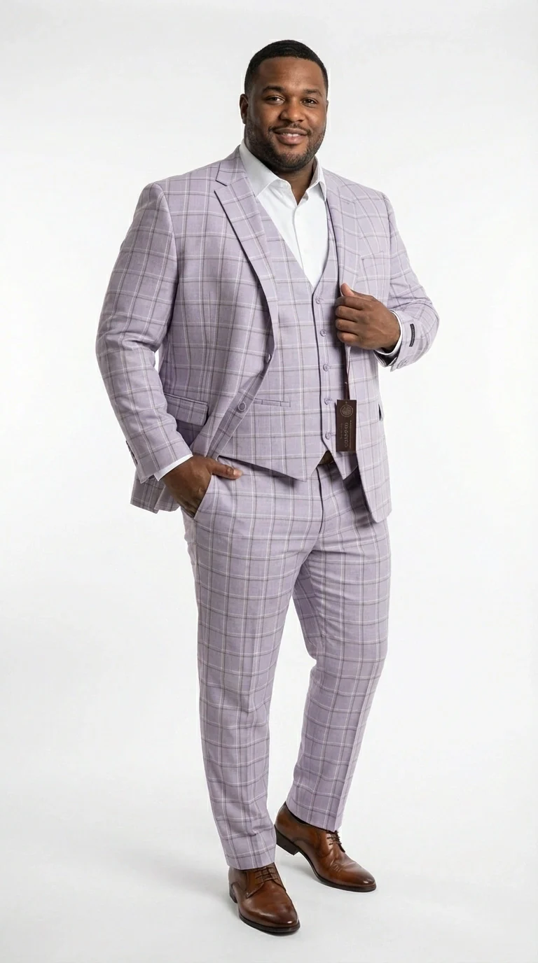 Men’s Lilac Lavender Windowpane Check 3 Piece Suit – Lilac Plaid Formal Suit with Vest for Wedding, Prom and Business Events - Image 12