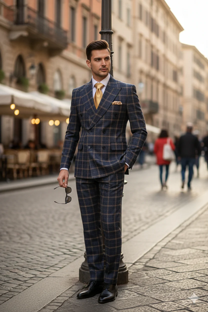 Men’s Navy and Tan Windowpane Double-Breasted Suit | Classic 2-Piece Plaid Dress Suit, Business, and Formal Events By Rossiman - Image 4