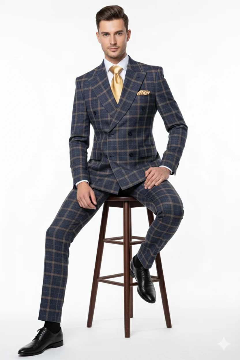Men’s Navy and Tan Windowpane Double-Breasted Suit | Classic 2-Piece Plaid Dress Suit, Business, and Formal Events By Rossiman - Image 5