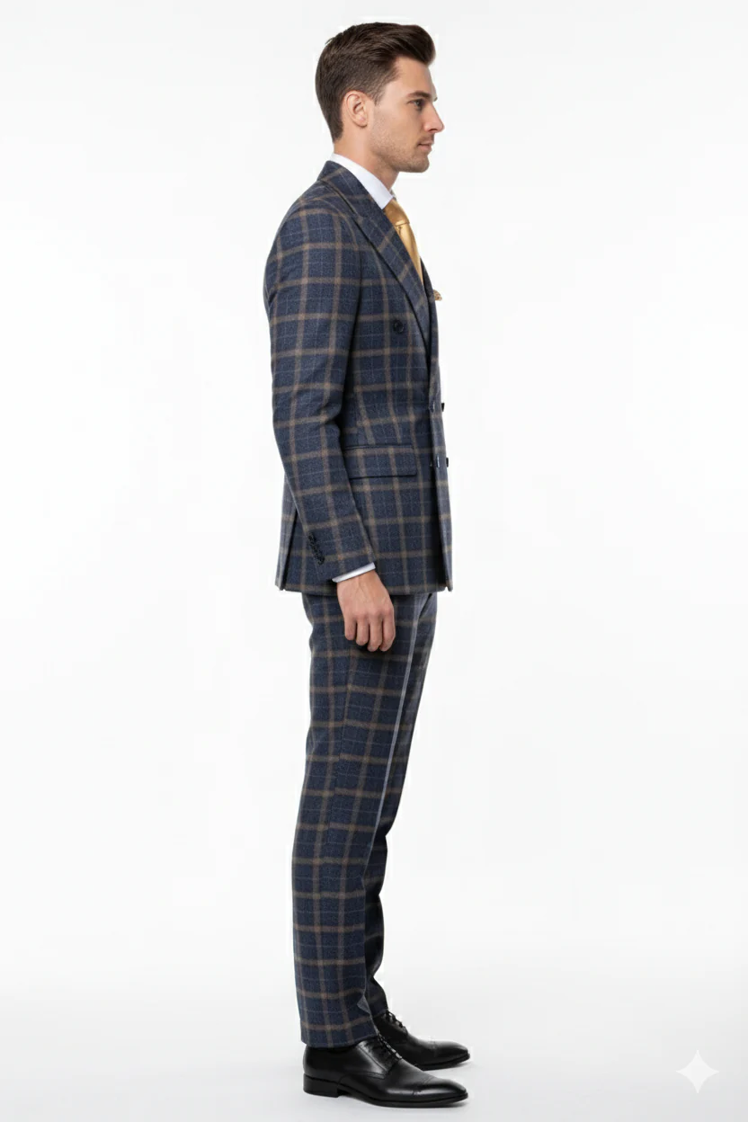 Men’s Navy and Tan Windowpane Double-Breasted Suit | Classic 2-Piece Plaid Dress Suit, Business, and Formal Events By Rossiman - Image 6