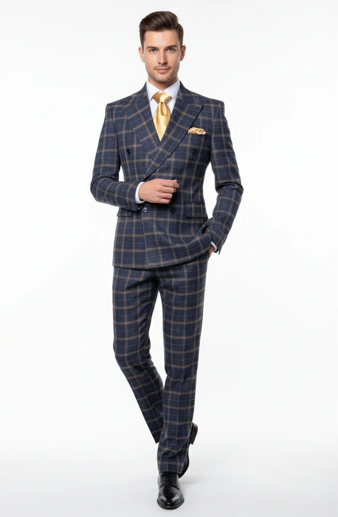 Men’s Navy and Tan Windowpane Double-Breasted Suit | Classic 2-Piece Plaid Dress Suit, Business, and Formal Events By Rossiman - Image 8