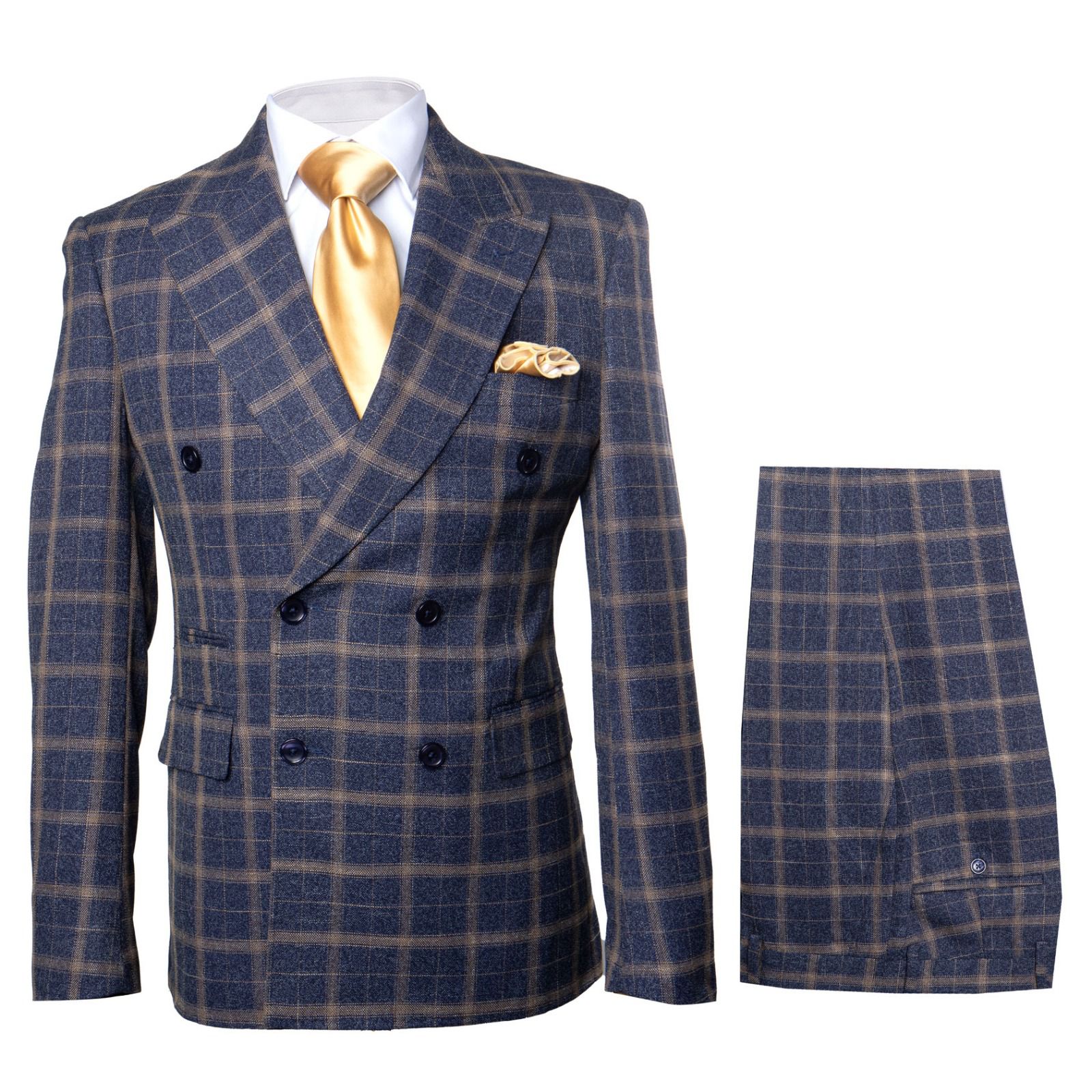 Men’s Navy and Tan Windowpane Double-Breasted Suit | Classic 2-Piece Plaid Dress Suit, Business, and Formal Events By Rossiman - Image 9