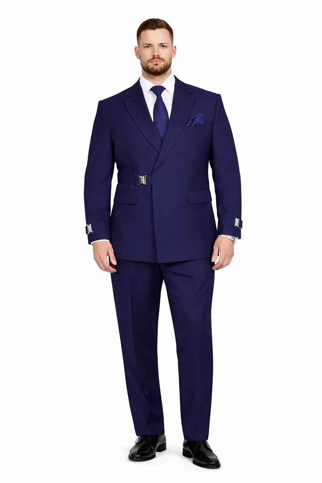 Men’s Navy Blue Double Breasted Wool Suit with Signature Buckle Closure Designer Tailored Fit - Image 6