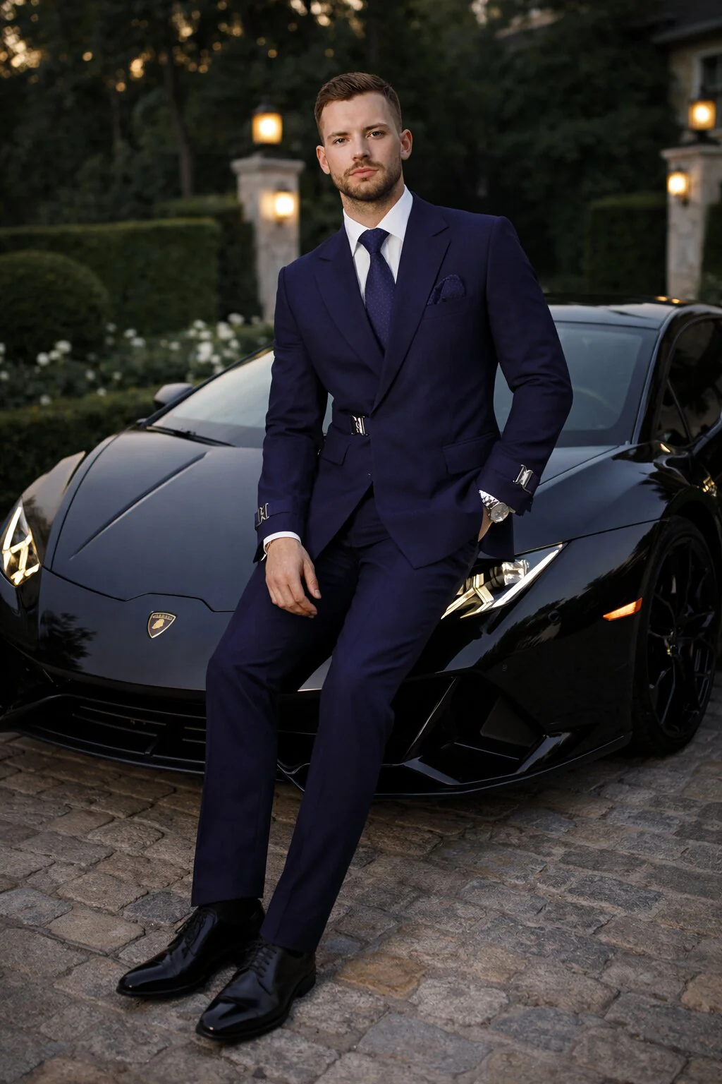 Men’s Navy Blue Double Breasted Wool Suit with Signature Buckle Closure Designer Tailored Fit - Image 7
