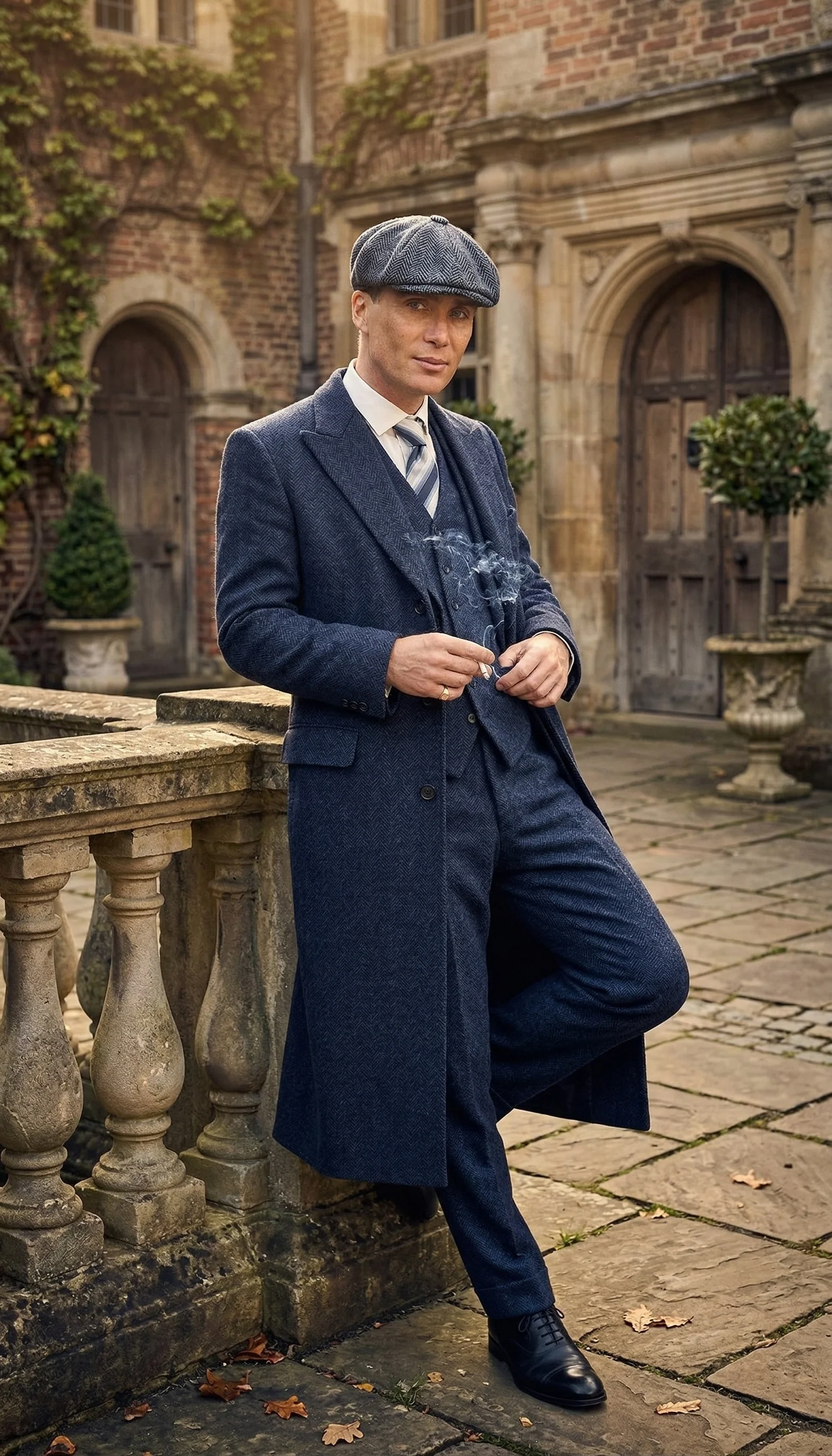Men’s Navy Blue Herringbone Tweed 1920s 3 Piece Suit with Overcoat – Vintage Peaky Blinder Style Formal Suit Set with Blazer, Waistcoat + Overcoat + Hat - Image 10