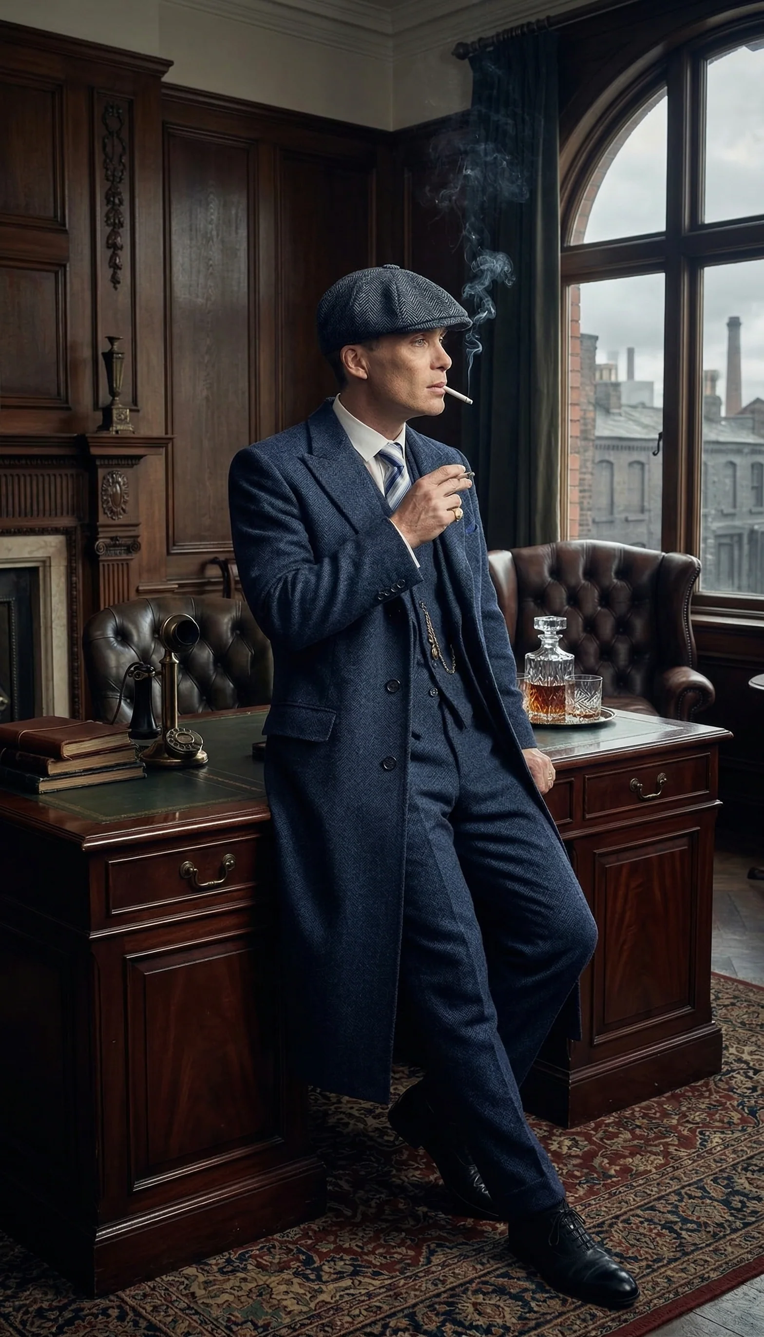 Men’s Navy Blue Herringbone Tweed 1920s 3 Piece Suit with Overcoat – Vintage Peaky Blinder Style Formal Suit Set with Blazer, Waistcoat + Overcoat + Hat - Image 11