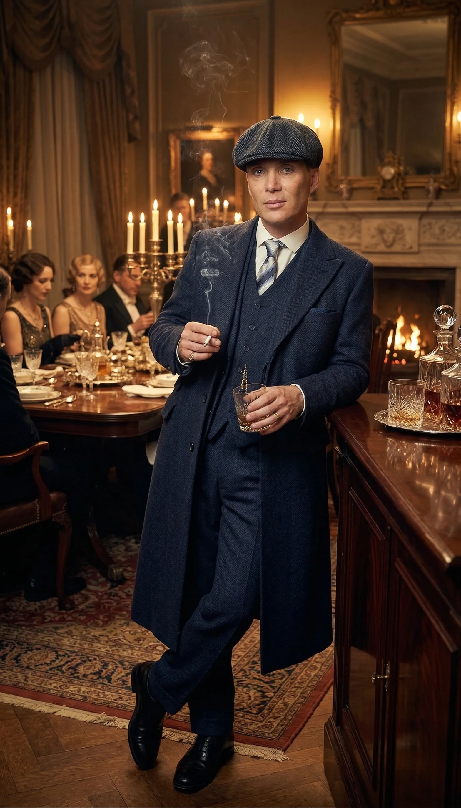 Men’s Navy Blue Herringbone Tweed 1920s 3 Piece Suit with Overcoat – Vintage Peaky Blinder Style Formal Suit Set with Blazer, Waistcoat + Overcoat + Hat - Image 12