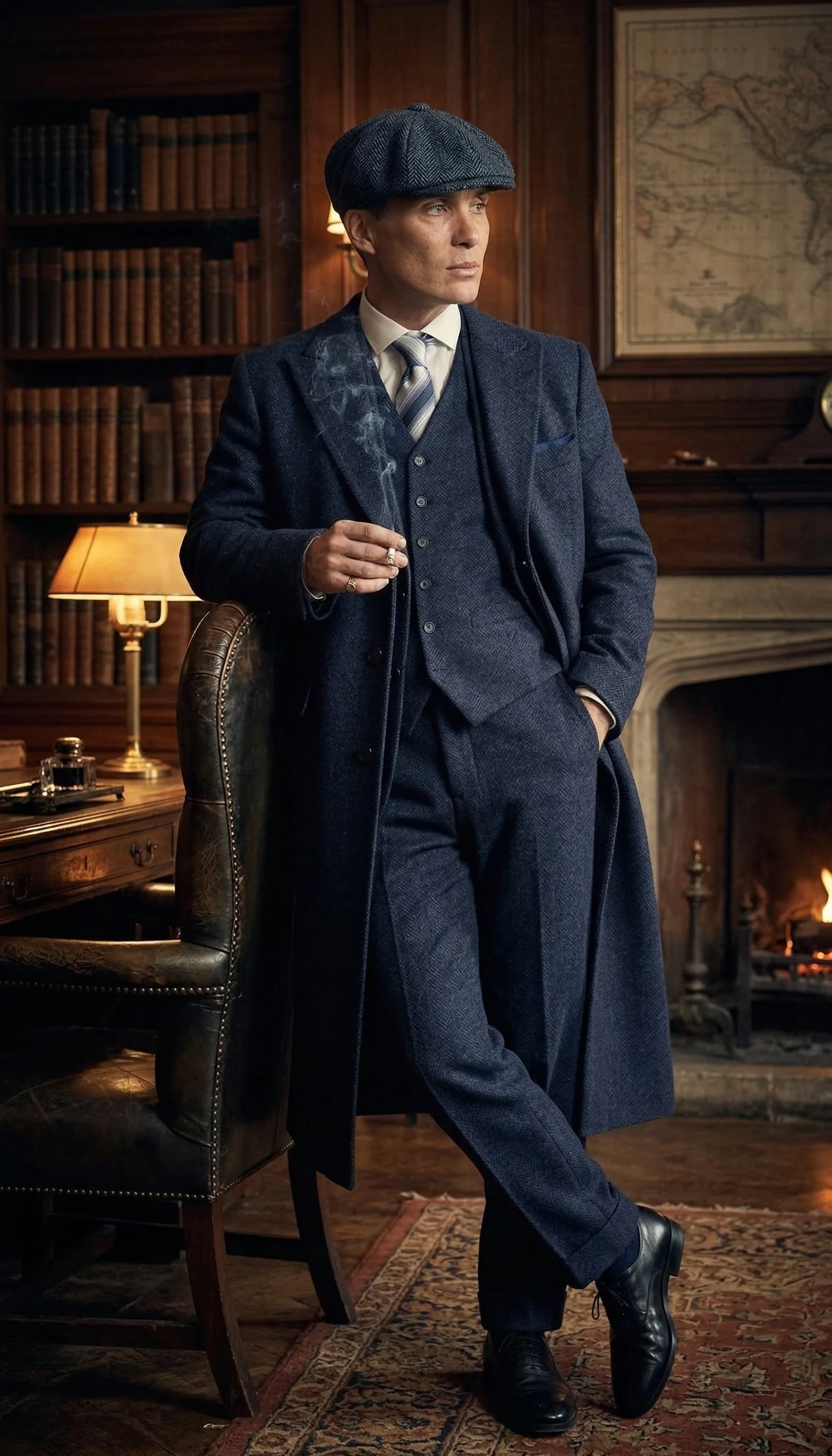 Men’s Navy Blue Herringbone Tweed 1920s 3 Piece Suit with Overcoat – Vintage Peaky Blinder Style Formal Suit Set with Blazer, Waistcoat + Overcoat + Hat - Image 13
