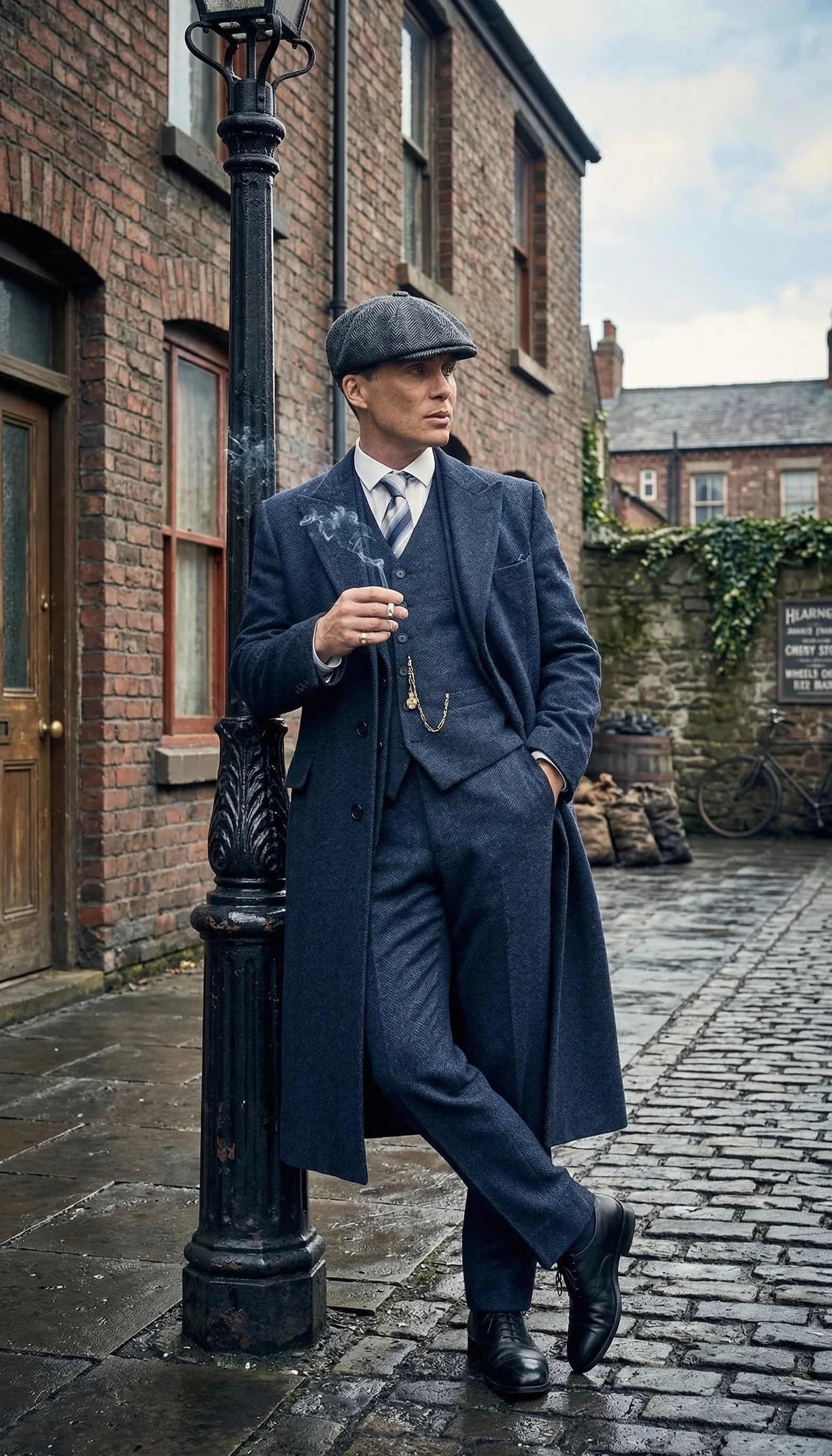 Men’s Navy Blue Herringbone Tweed 1920s 3 Piece Suit with Overcoat – Vintage Peaky Blinder Style Formal Suit Set with Blazer, Waistcoat + Overcoat + Hat - Image 14